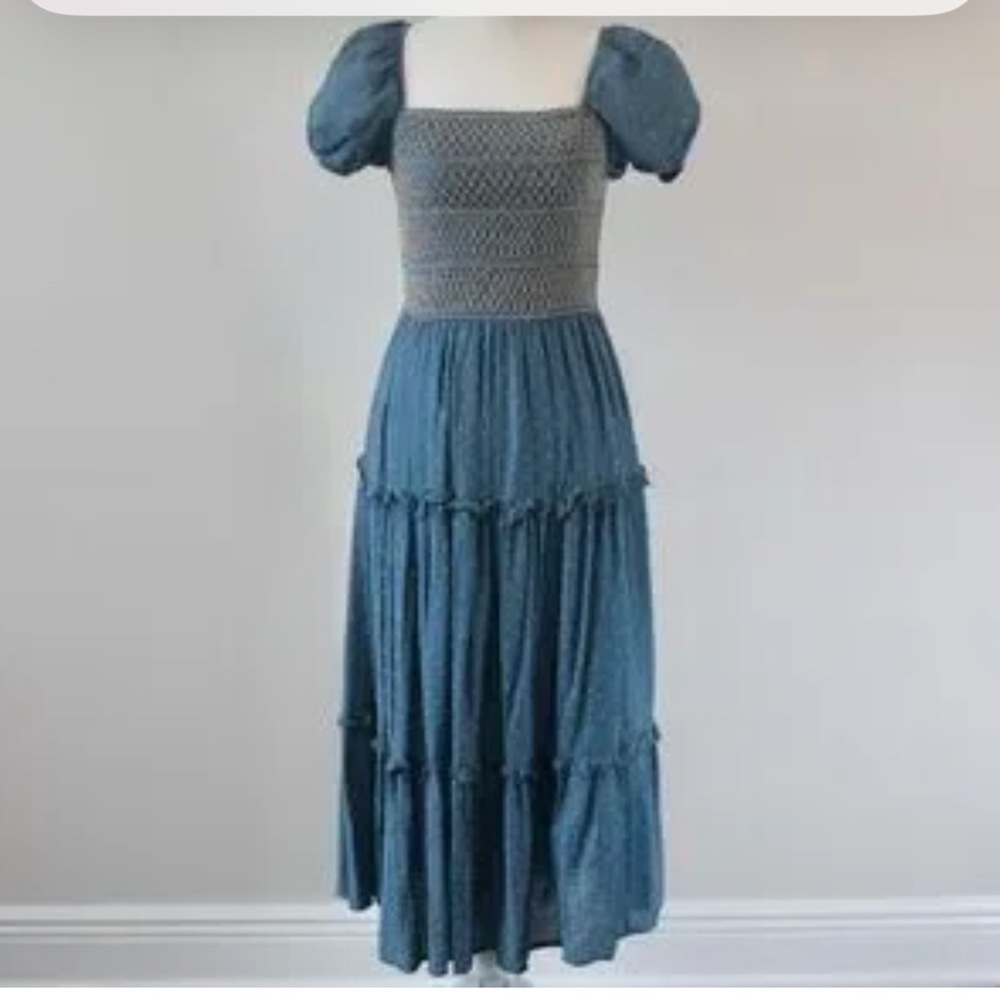 Moon River Blue Smocked Maxi Dress